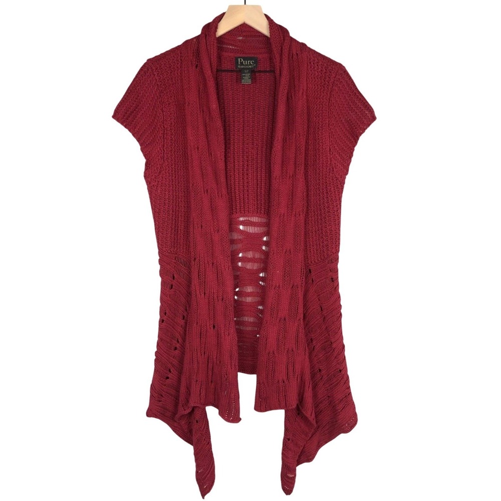 PURE HANDKNIT 100% Cotton Open Waterfall‎ Cardigan Sweater Sz S/M Red Sleeveless